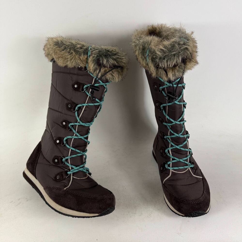 L.L. Bean Winter Snow Boots Women's 7 Brown Nylon Lace Up Fur Trim Mid Calf